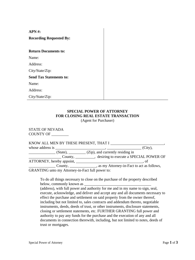 Special or Limited Power of Attorney for Real Estate Purchase Transaction by Purchaser - Nevada Preview on Page 1