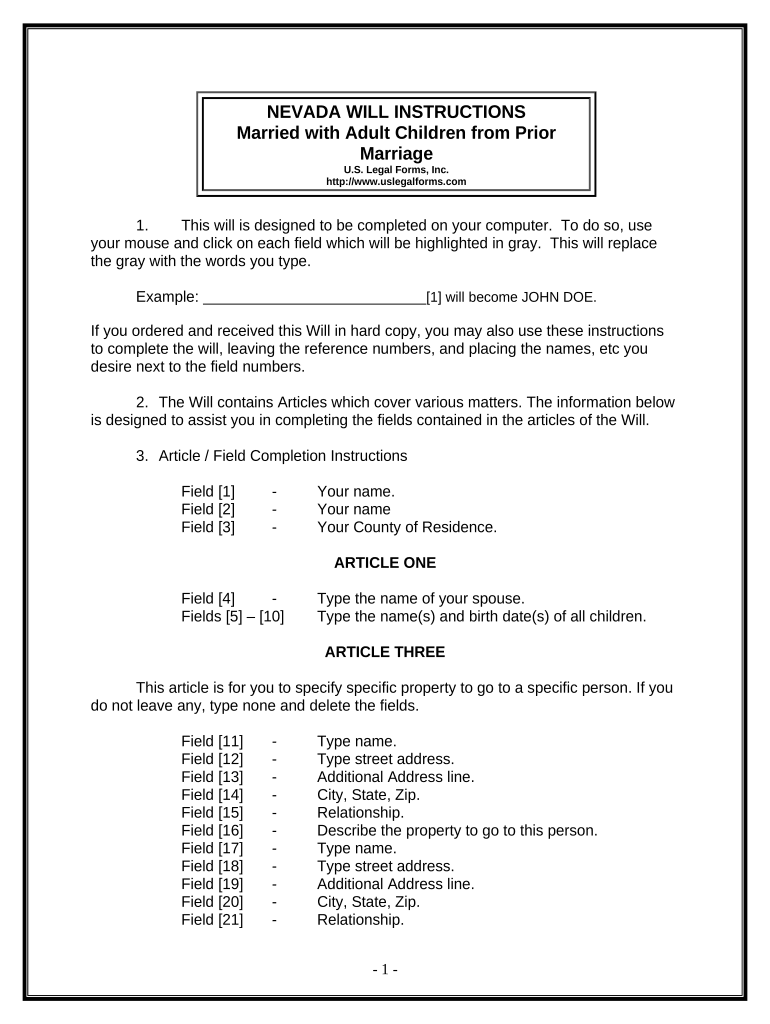 Legal Last Will and Testament Form for Married Person with Adult Children from Prior Marriage - Nevada Preview on Page 1