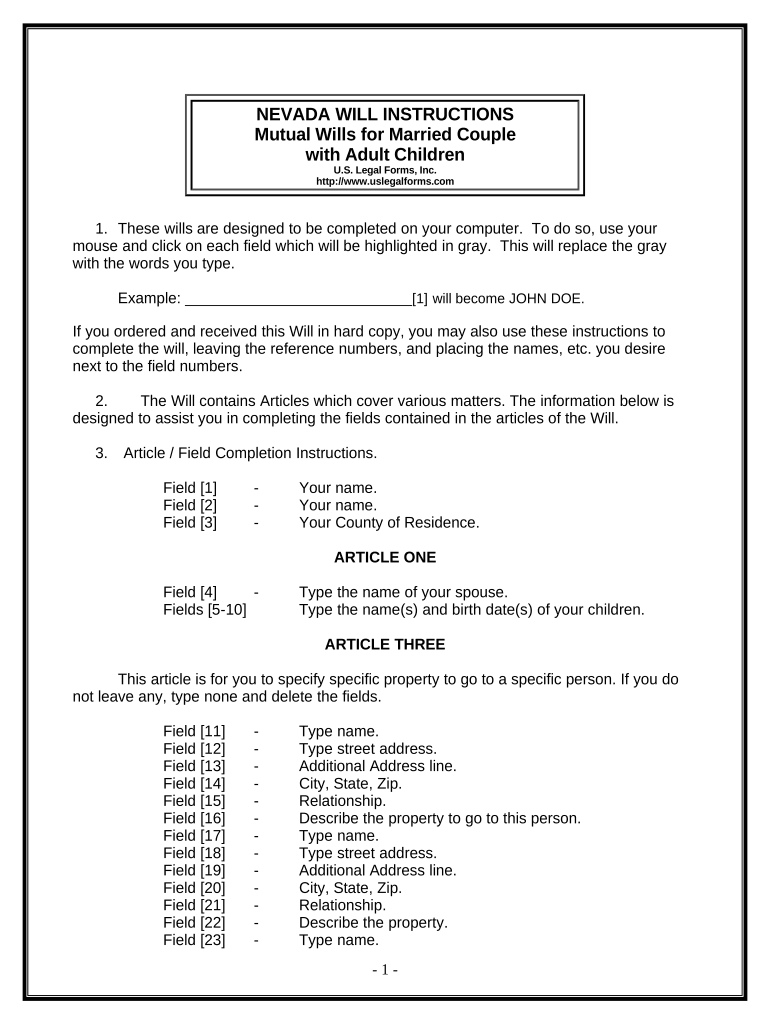 Mutual Wills Package with Last Wills and Testaments for Married Couple with Adult Children - Nevada Preview on Page 1