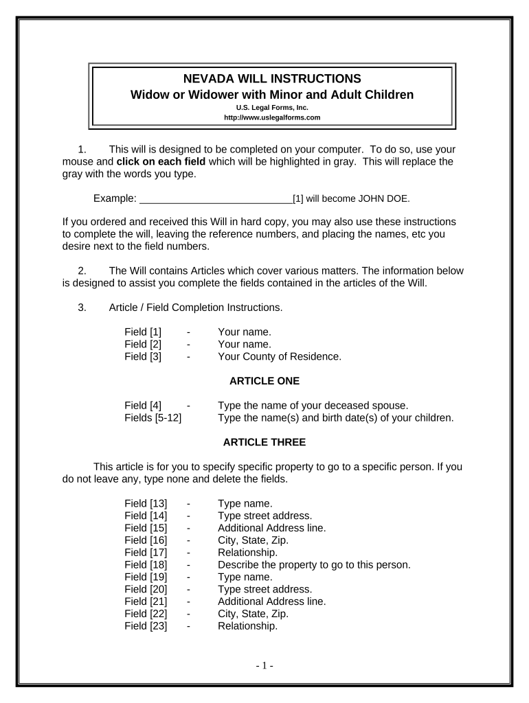 Legal Last Will and Testament Form for a Widow or Widower with Adult and Minor Children - Nevada Preview on Page 1
