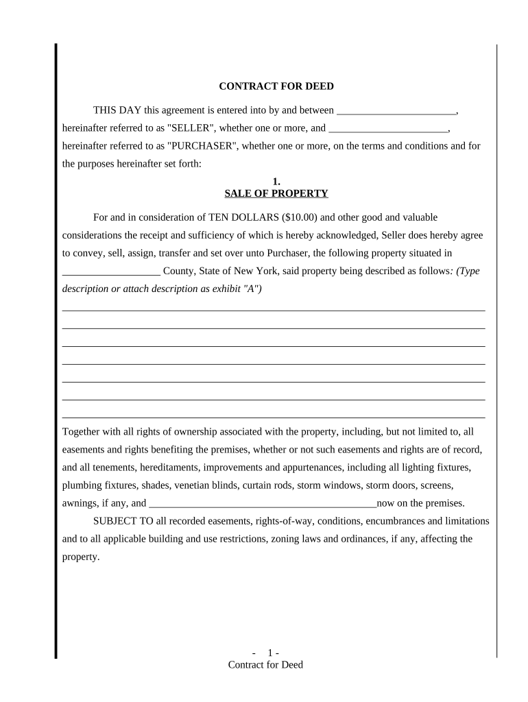 Agreement or Contract for Deed for Sale and Purchase of Real Estate a/k/a Land or Executory Contract - New York Preview on Page 1.