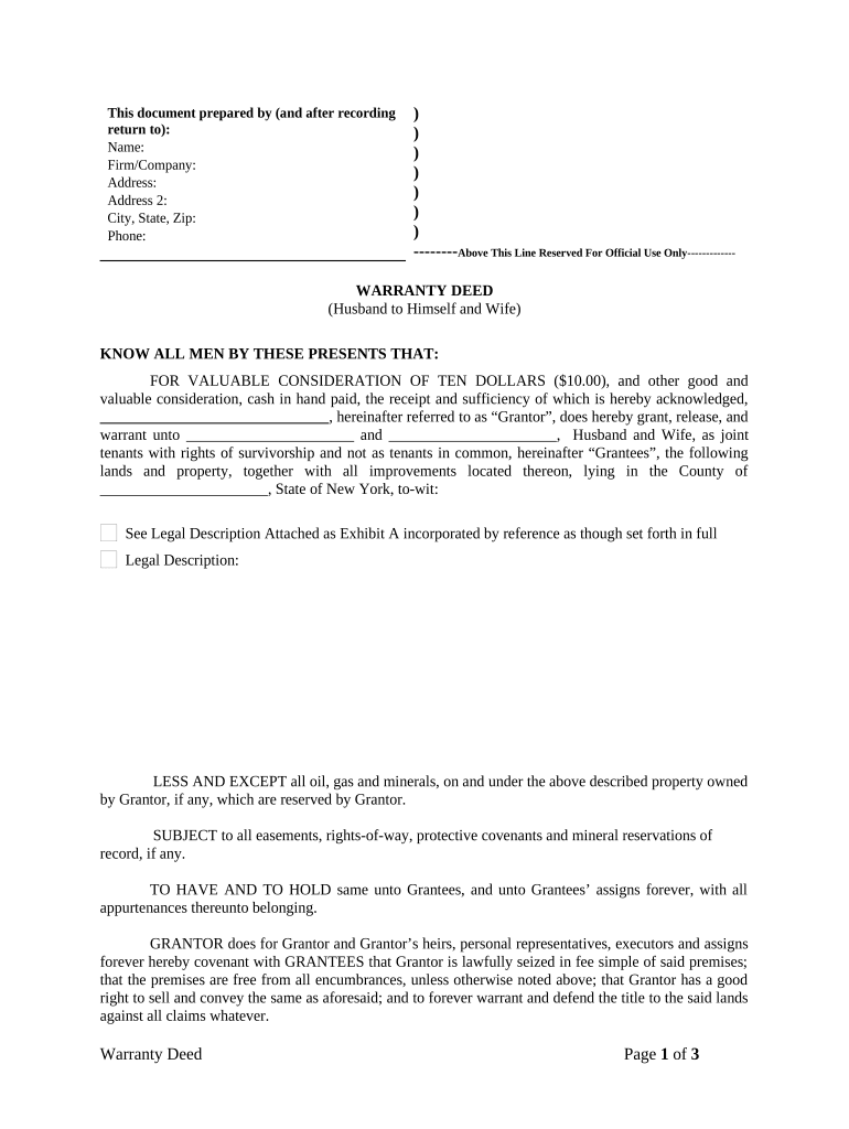 Warranty Deed from Husband to Himself and Wife - New York Preview on Page 1.