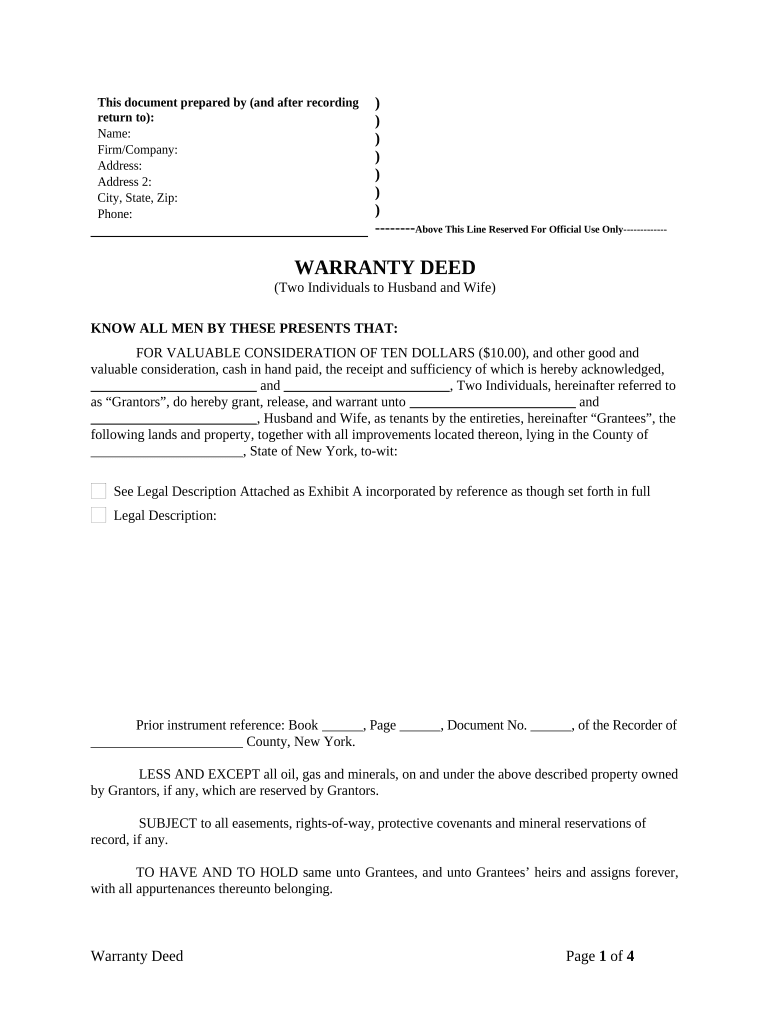 Warranty Deed from two Individuals to Husband and Wife - New York Preview on Page 1