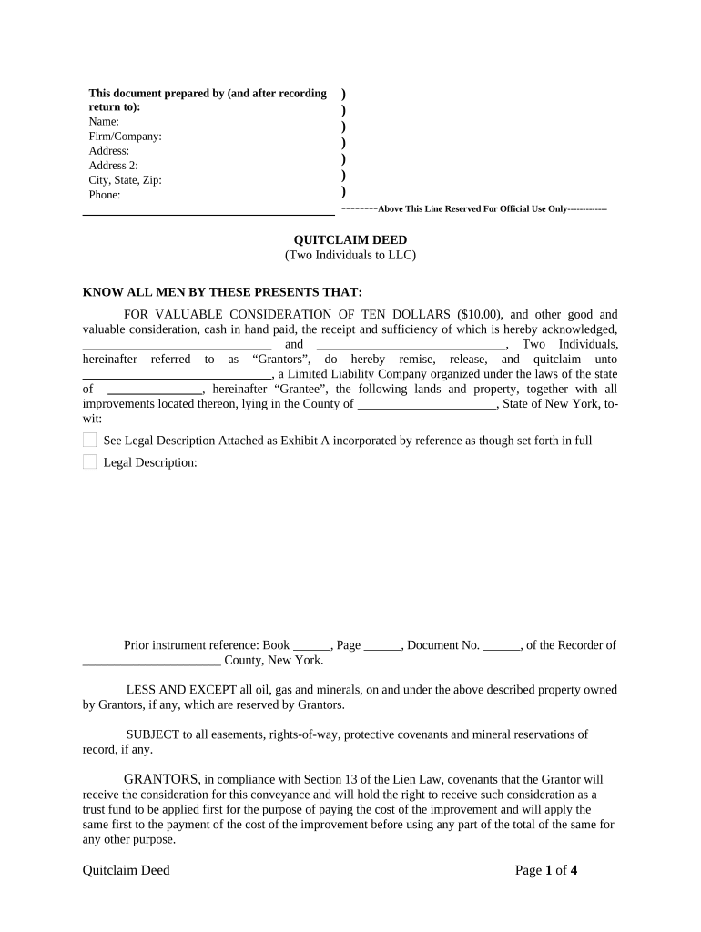 Quitclaim Deed by Two Individuals to LLC - New York Preview on Page 1.