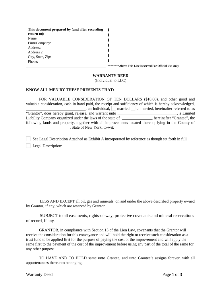 Warranty Deed from Individual to LLC - New York Preview on Page 1