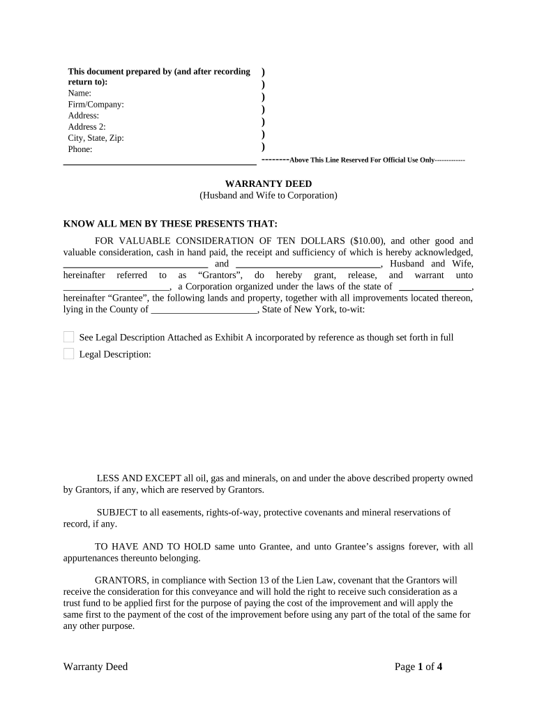 Warranty Deed from Husband and Wife to Corporation - New York Preview on Page 1