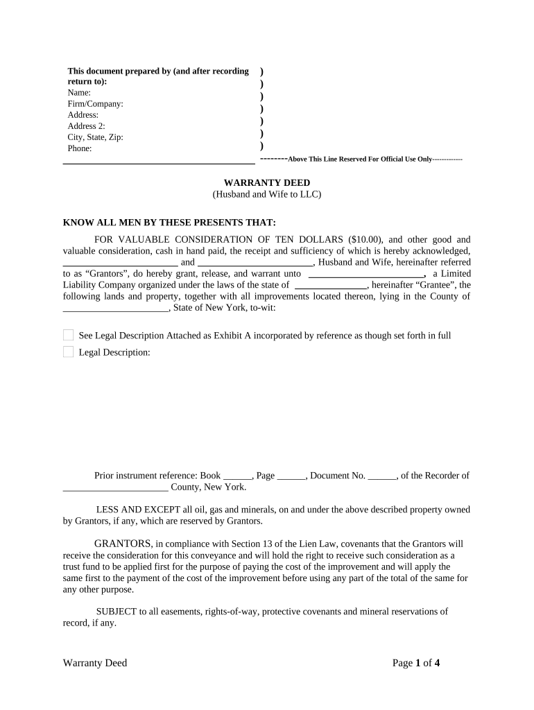 Warranty Deed from Husband and Wife to LLC - New York Preview on Page 1.