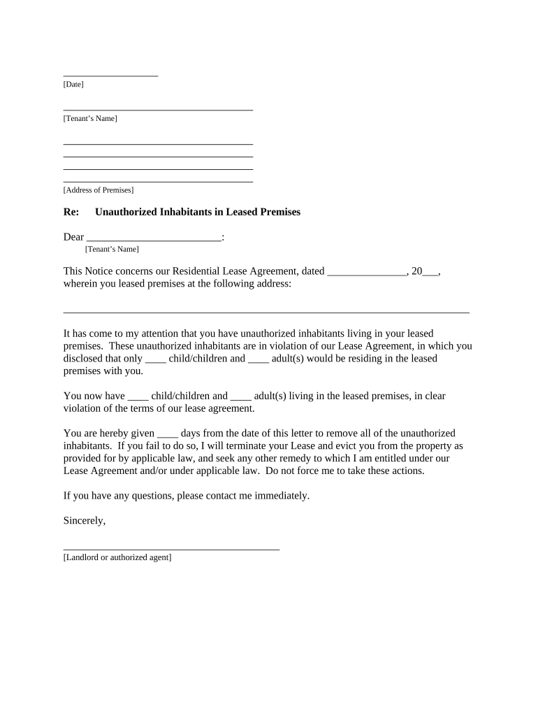 Letter from Landlord to Tenant as Notice to remove unauthorized inhabitants - New York Preview on Page 1.
