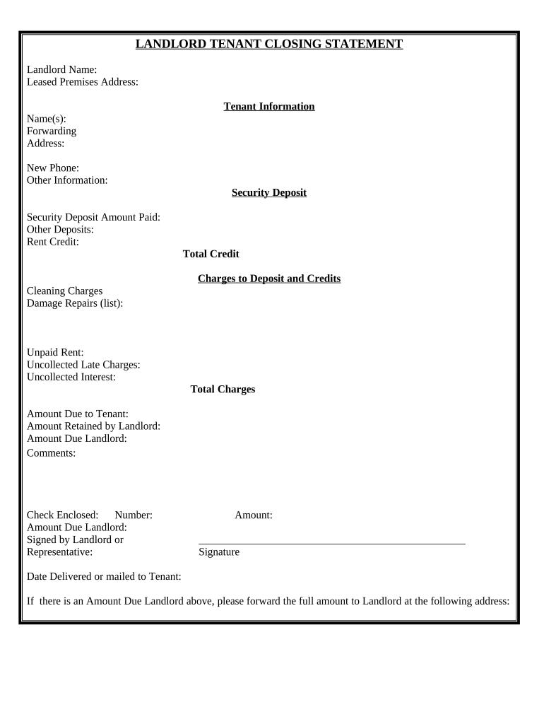 Landlord Tenant Closing Statement to Reconcile Security Deposit - New York Preview on Page 1.