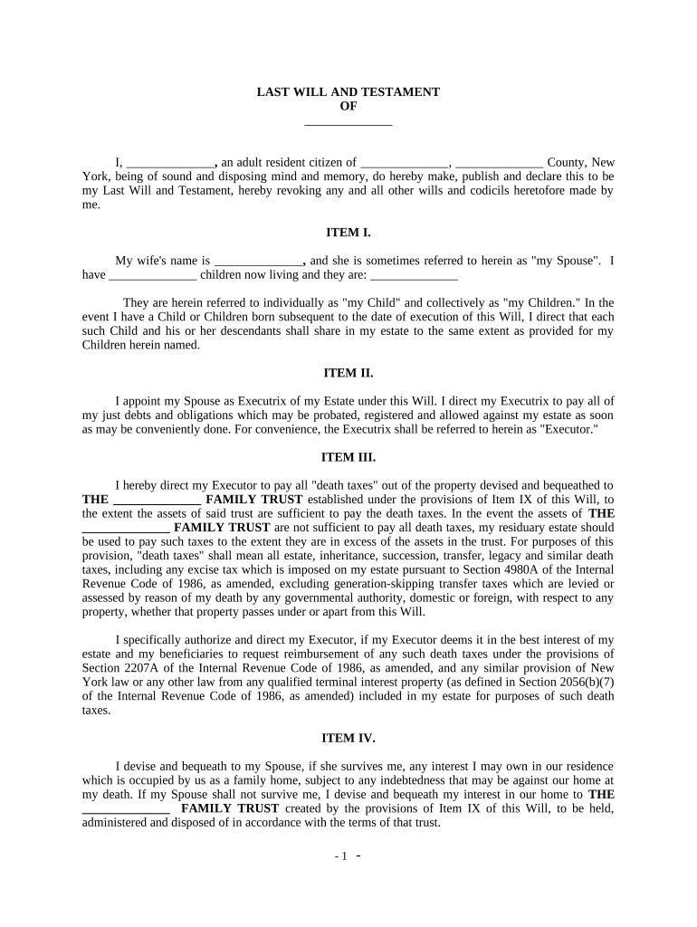 Complex Will with Credit Shelter Marital Trust for Large Estates - New York Preview on Page 1
