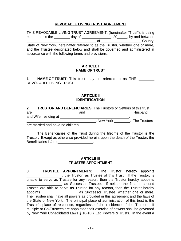 Living Trust for Husband and Wife with No Children - New York Preview on Page 1
