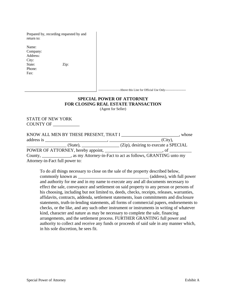 Special or Limited Power of Attorney for Real Estate Sales Transaction By Seller - New York Preview on Page 1.