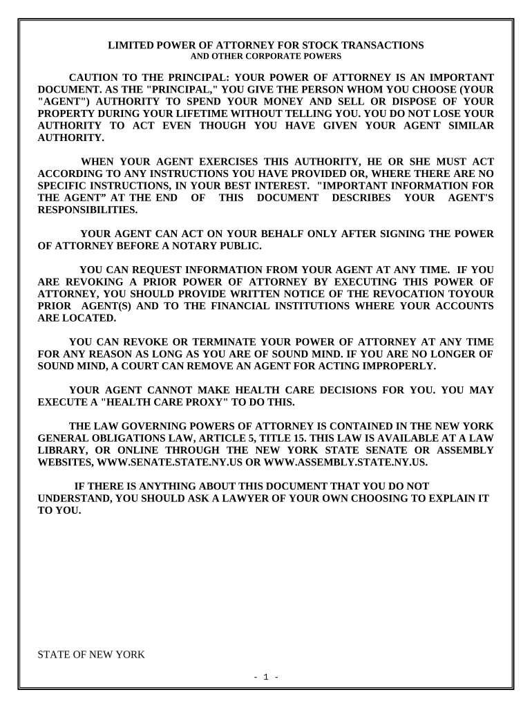 Limited Power of Attorney for Stock Transactions and Corporate Powers - New York Preview on Page 1.