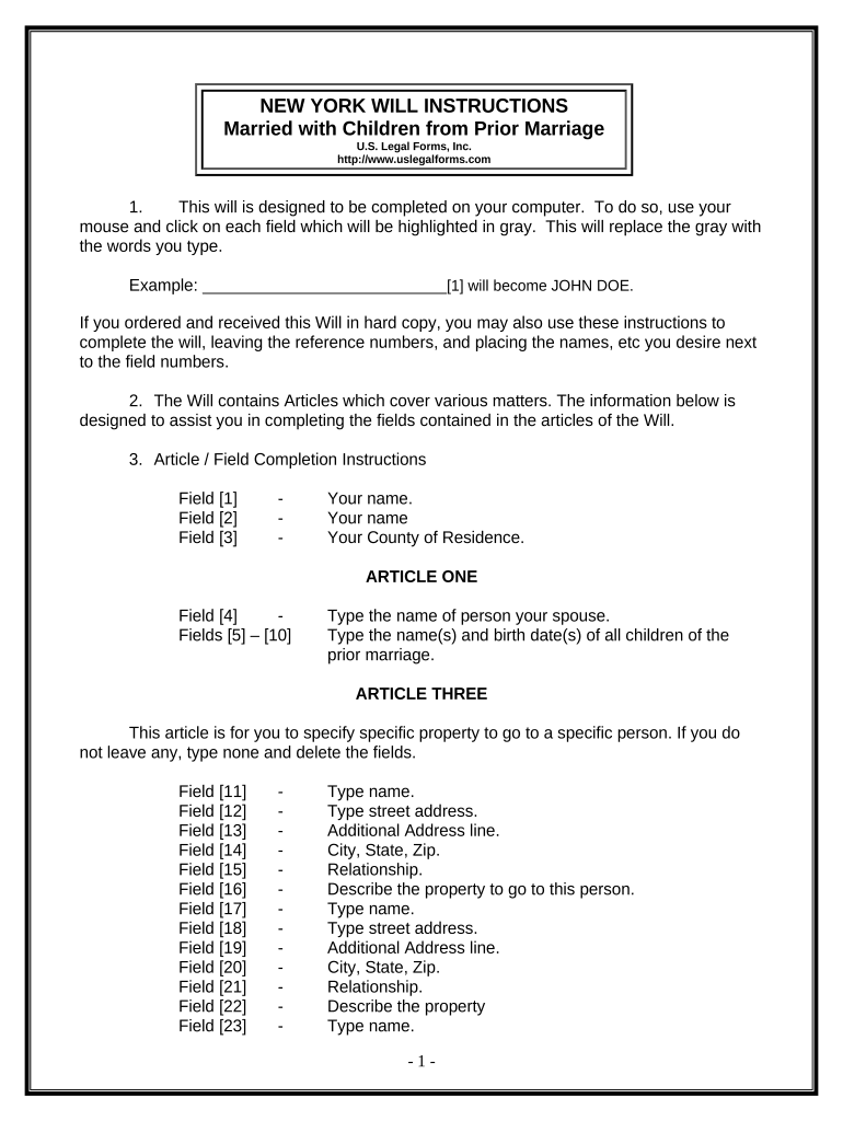 Legal Last Will and Testament for Married person with Minor Children from Prior Marriage - New York Preview on Page 1