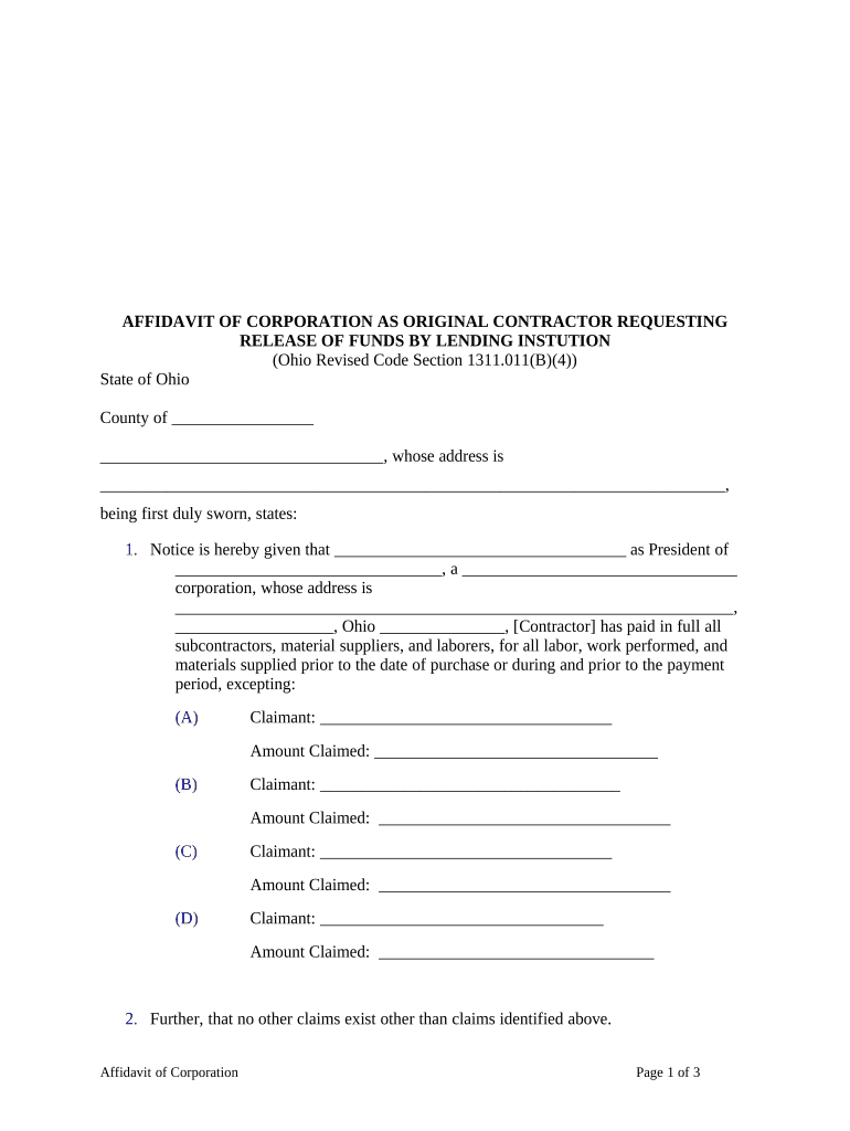 Request for Release of Funds - Corporation or LLC - Ohio Preview on Page 1