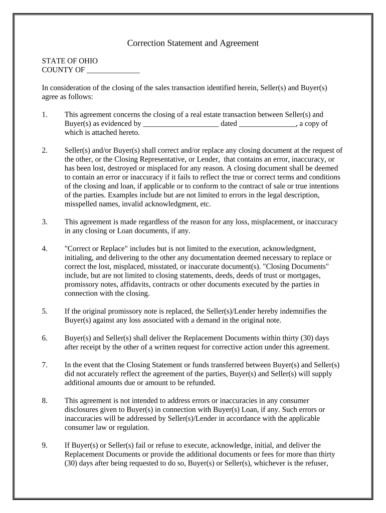 Correction Statement and Agreement - Ohio Preview on Page 1