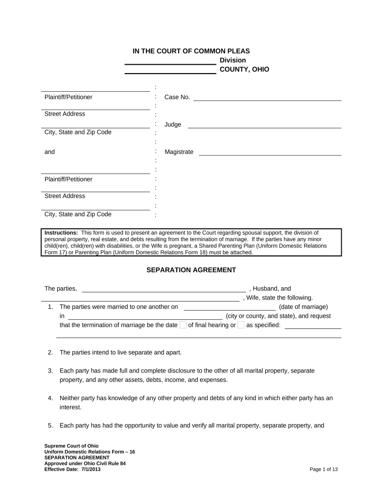 Marital Domestic Separation and Property Settlement Agreement Minor Children Parties May have Joint Property or Debts effective Immediately - Ohio Preview on Page 1