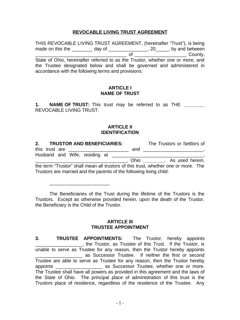 Living Trust for Husband and Wife with One Child - Ohio Preview on Page 1