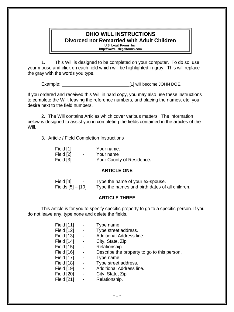 Legal Last Will and Testament Form for Divorced person not Remarried with Adult Children - Ohio Preview on Page 1