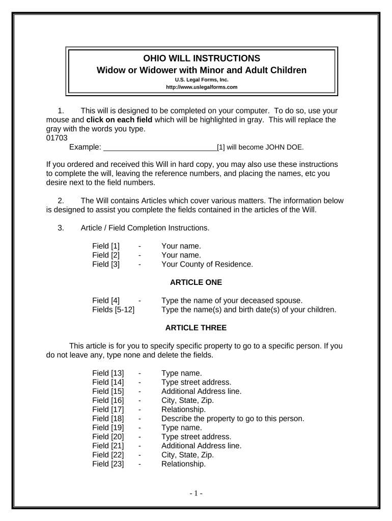 Legal Last Will and Testament Form for a Widow or Widower with Adult and Minor Children - Ohio Preview on Page 1