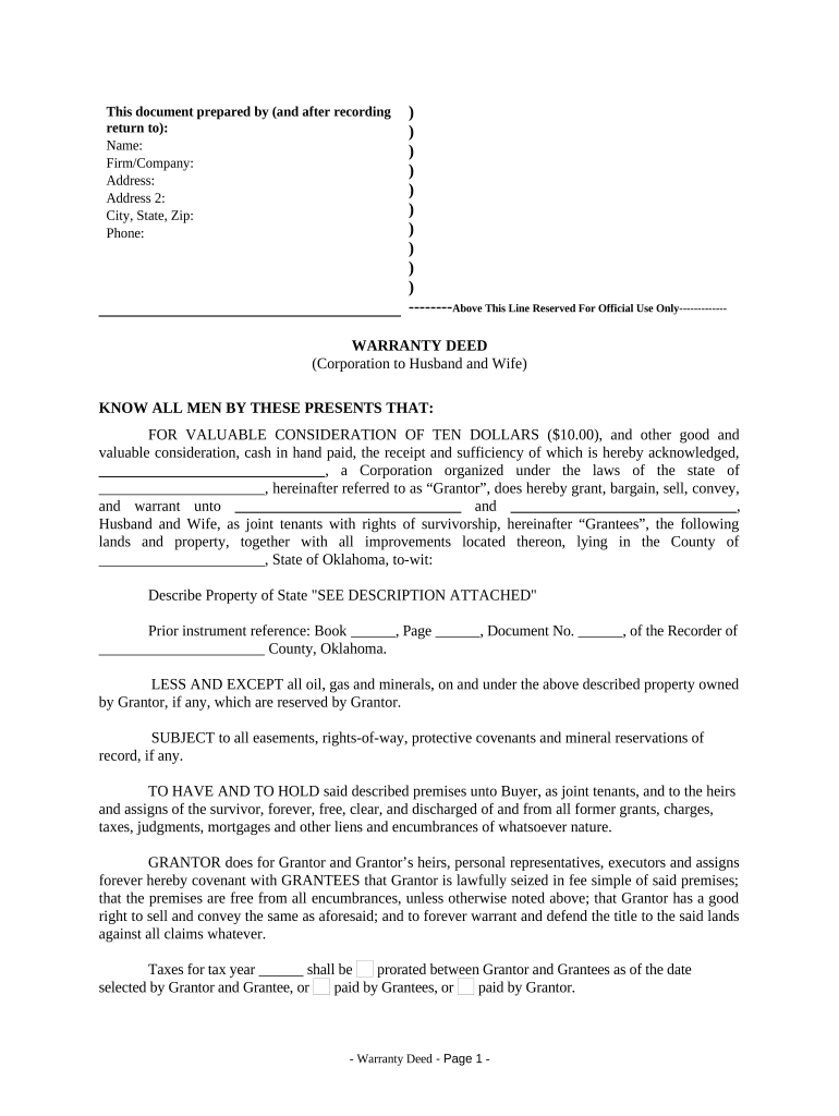 Warranty Deed from Corporation to Husband and Wife - Oklahoma Preview on Page 1