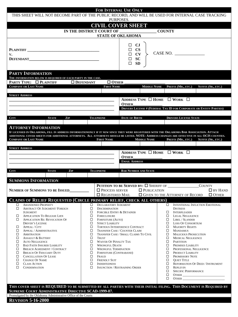 oklahoma civil cover sheet Preview on Page 1