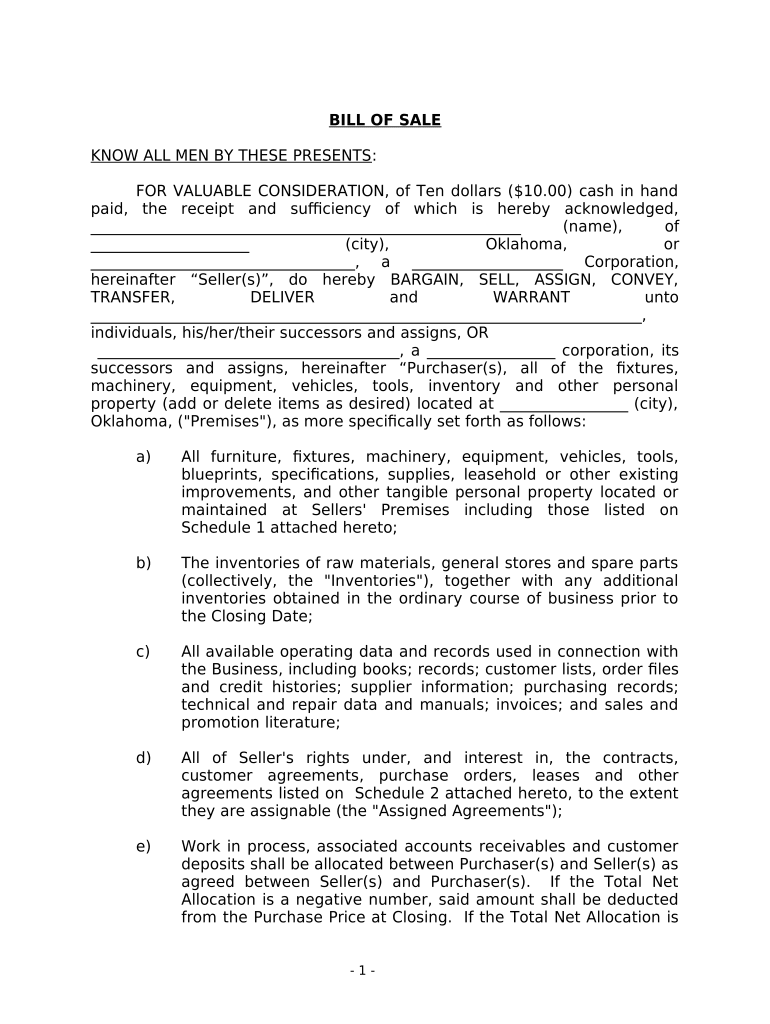 Bill of Sale in Connection with Sale of Business by Individual or Corporate Seller - Oklahoma Preview on Page 1