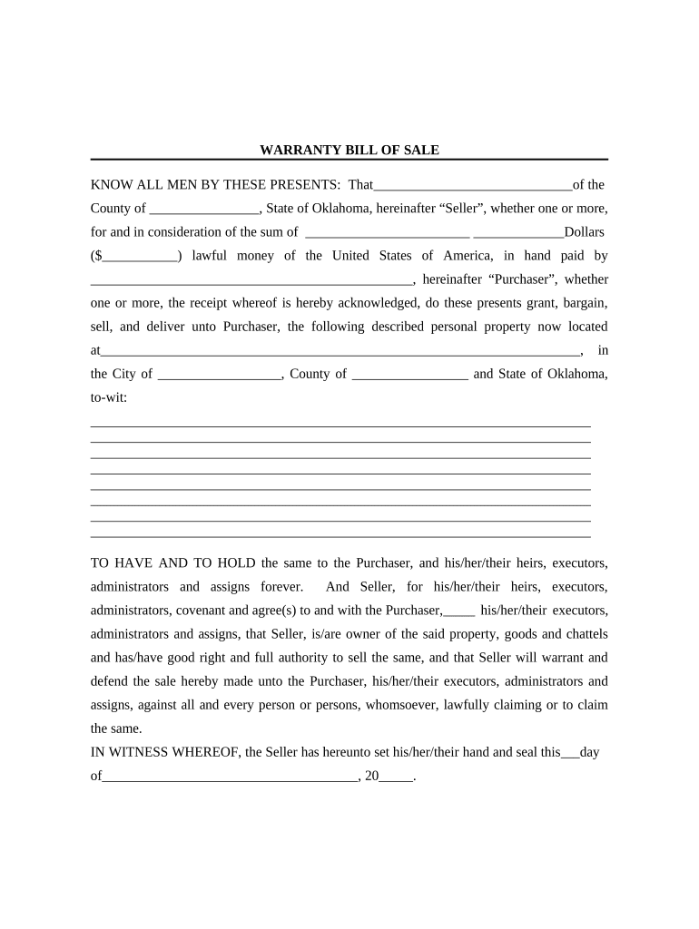 warranty bill of sale Preview on Page 1