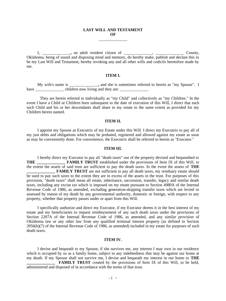 Complex Will with Credit Shelter Marital Trust for Large Estates - Oklahoma Preview on Page 1