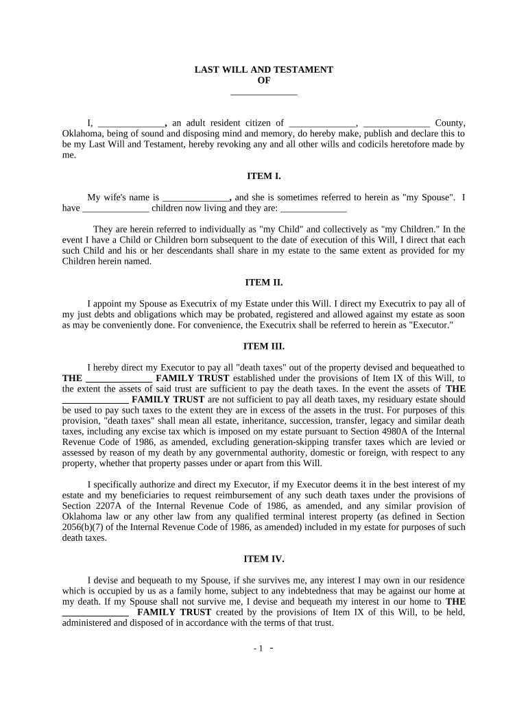 Complex Will with Credit Shelter Marital Trust for Large Estates - Oklahoma Preview on Page 1.