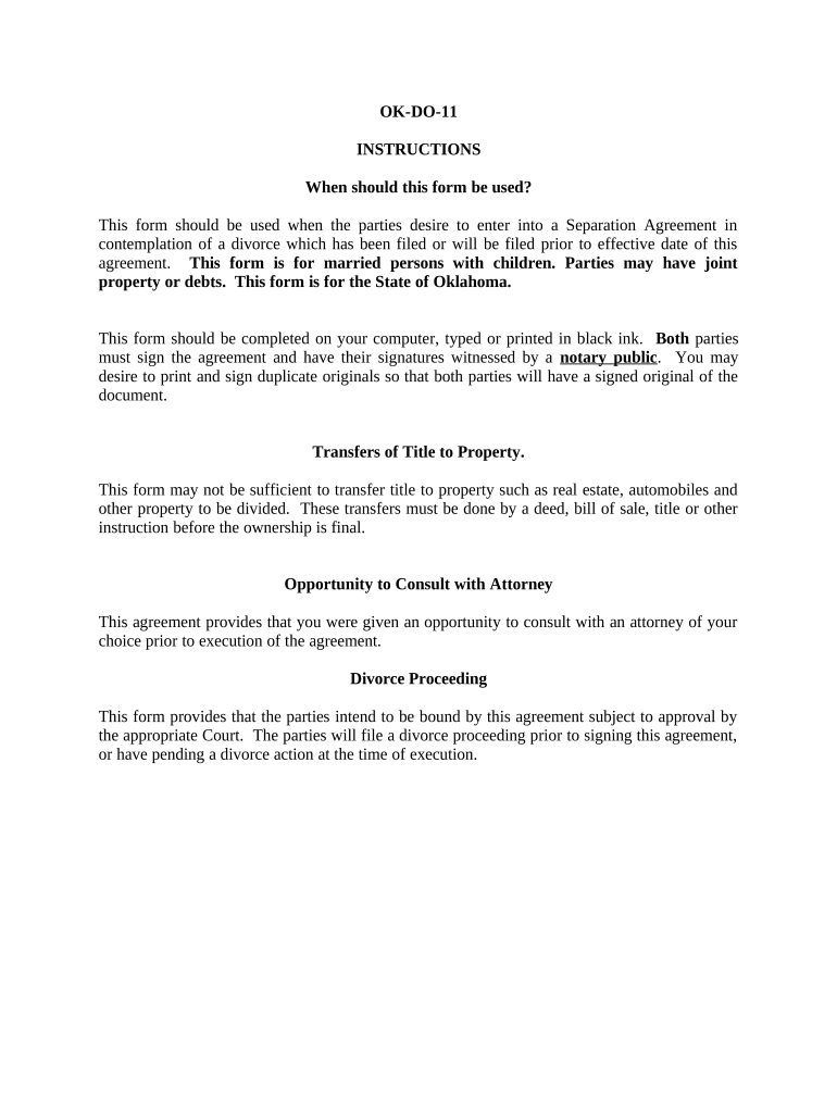 Marital Domestic Separation and Property Settlement Agreement Minor Children Parties May have Joint Property or Debts where Divorce Action Filed - Oklahoma Preview on Page 1