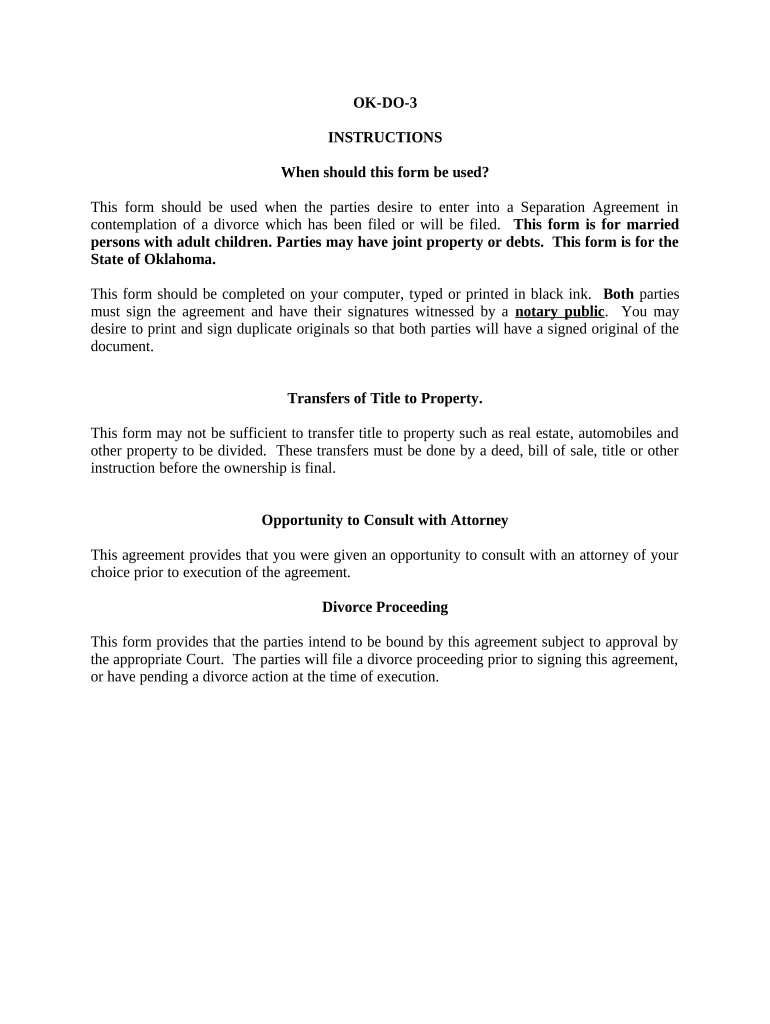 Marital Domestic Separation and Property Settlement Agreement Adult Children Parties May have Joint Property or Debts where Divorce Action Filed - Oklahoma Preview on Page 1