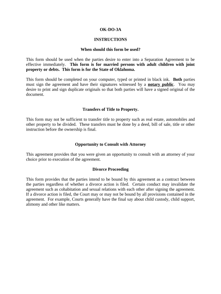 Marital Domestic Separation and Property Settlement Agreement Adult Children Parties May have Joint Property or Debts effective Immediately - Oklahoma Preview on Page 1