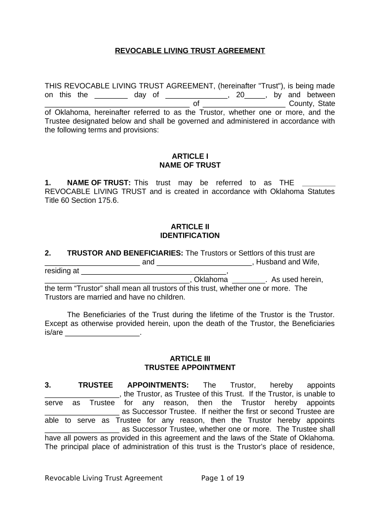 Living Trust for Husband and Wife with No Children - Oklahoma Preview on Page 1