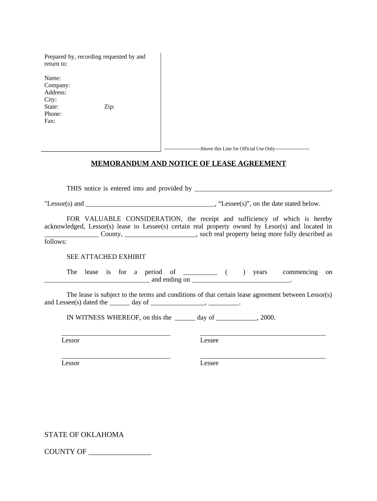 Notice of Lease for Recording - Oklahoma Preview on Page 1