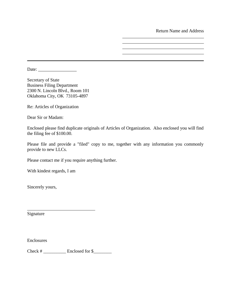 Sample Cover Letter for Filing of LLC Articles or Certificate with Secretary of State - Oklahoma Preview on Page 1