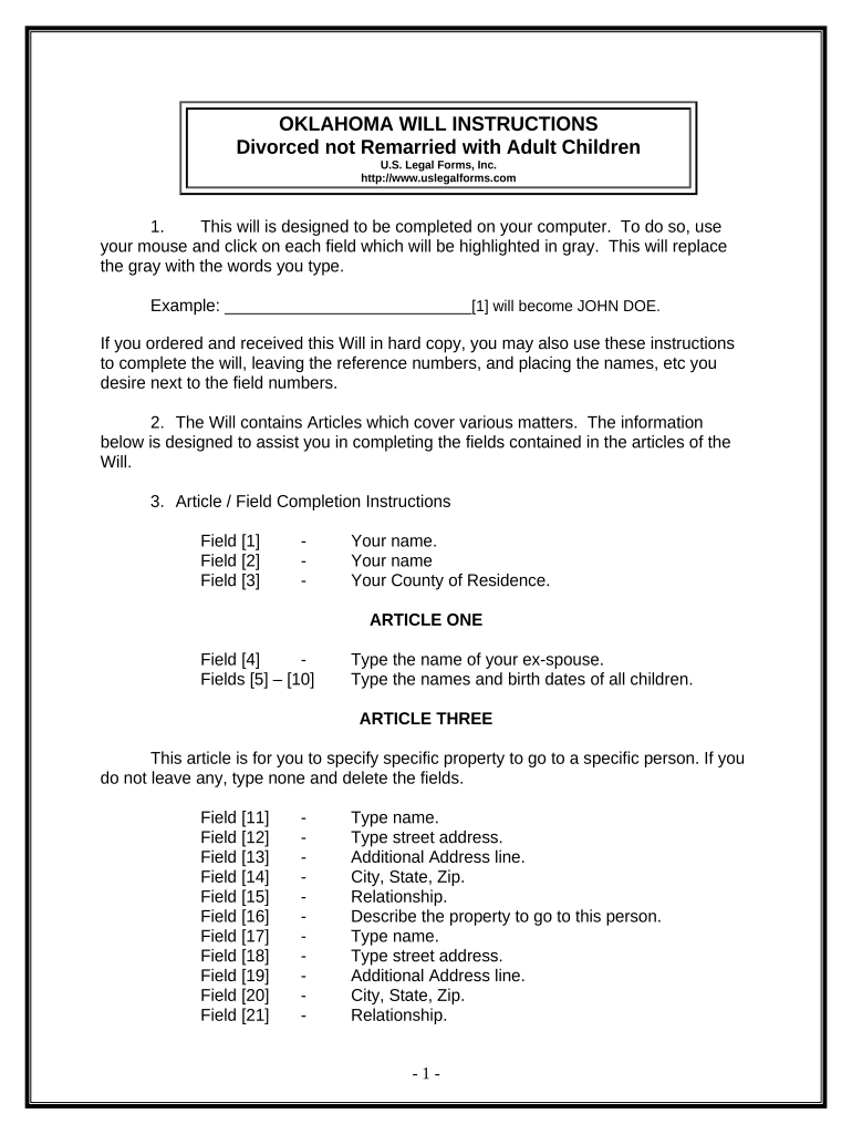 Legal Last Will and Testament Form for Divorced person not Remarried with Adult Children - Oklahoma Preview on Page 1