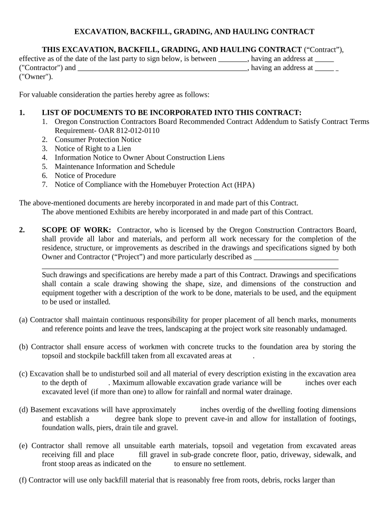 Excavator Contract for Contractor - Oregon Preview on Page 1