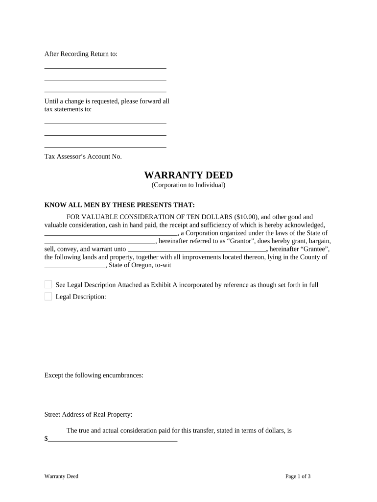 Warranty Deed from Corporation to Individual - Oregon Preview on Page 1