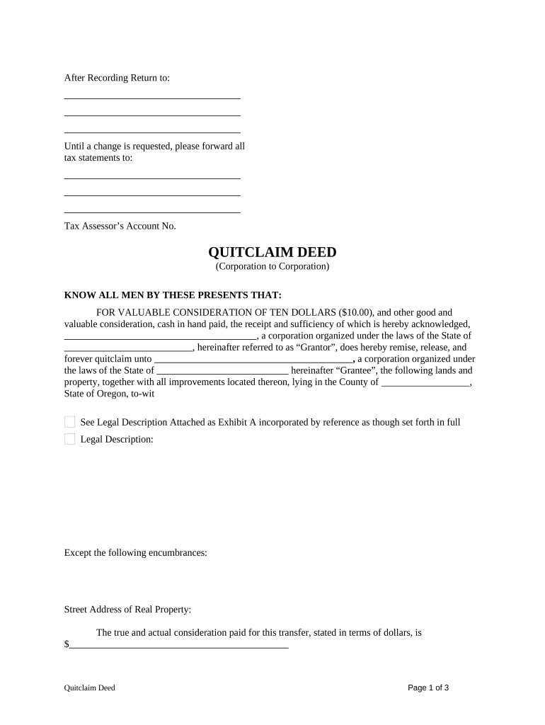 Quitclaim Deed from Corporation to Corporation - Oregon Preview on Page 1