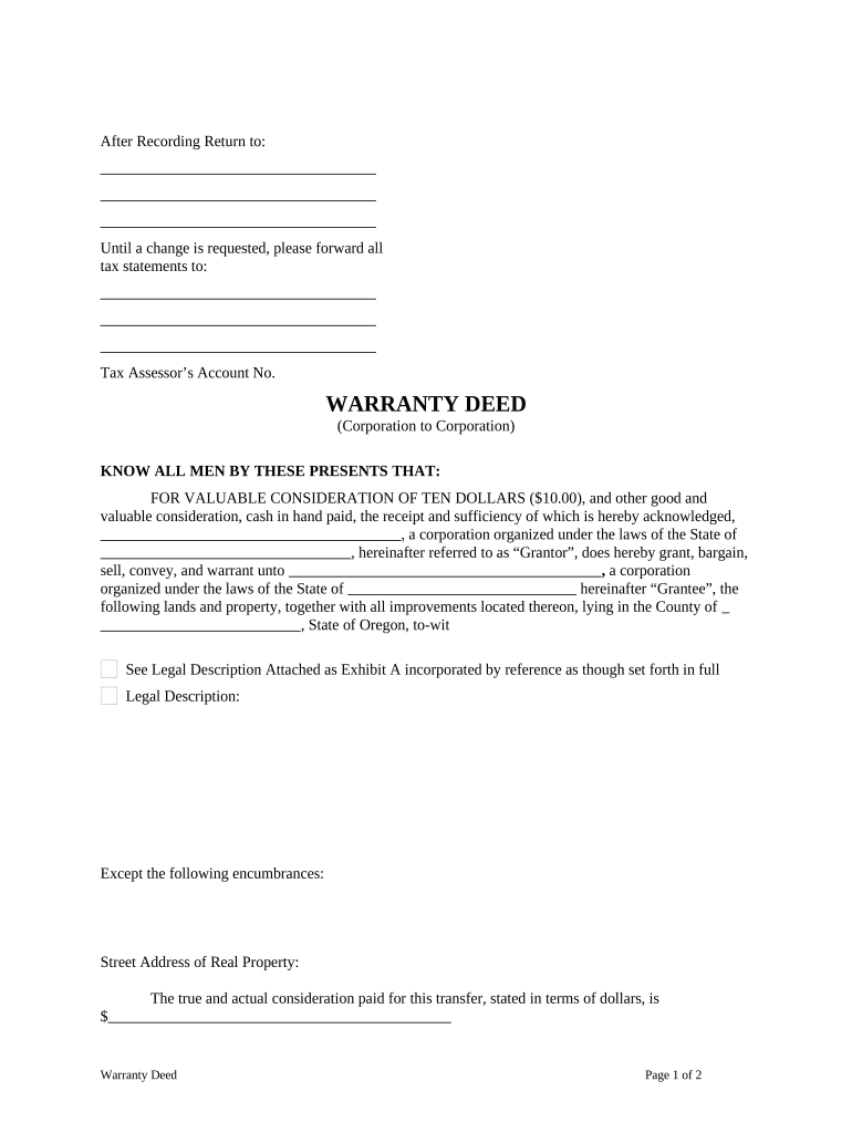 Warranty Deed from Corporation to Corporation - Oregon Preview on Page 1