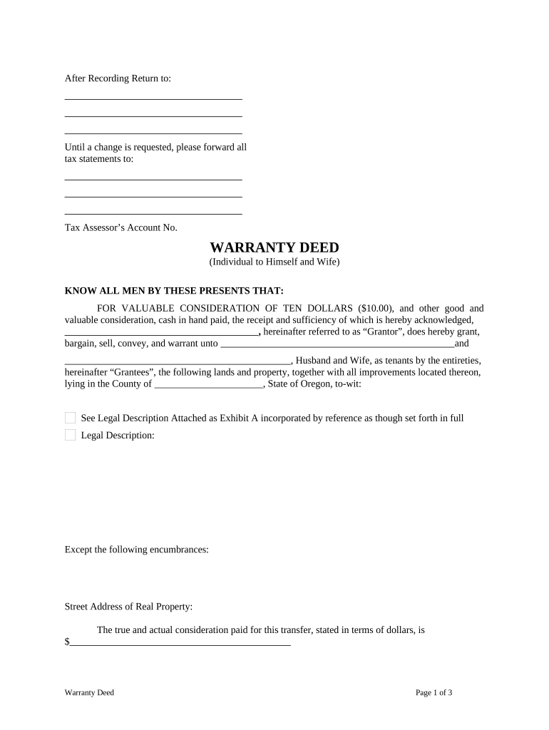 Warranty Deed from Husband to Himself and Wife - Oregon Preview on Page 1.