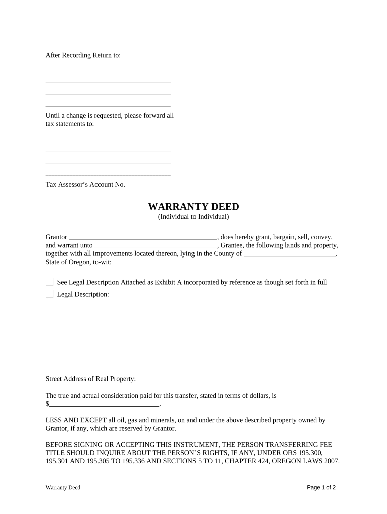 Warranty Deed from Individual to Individual - Oregon Preview on Page 1