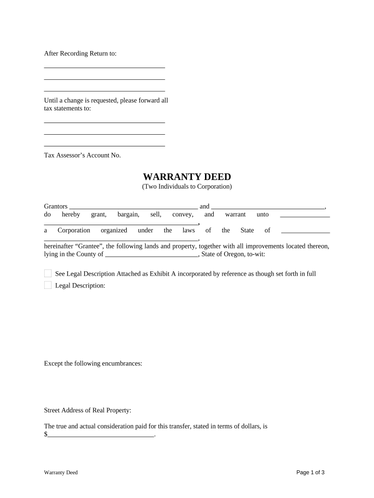 Warranty Deed from two Individuals to Corporation - Oregon Preview on Page 1