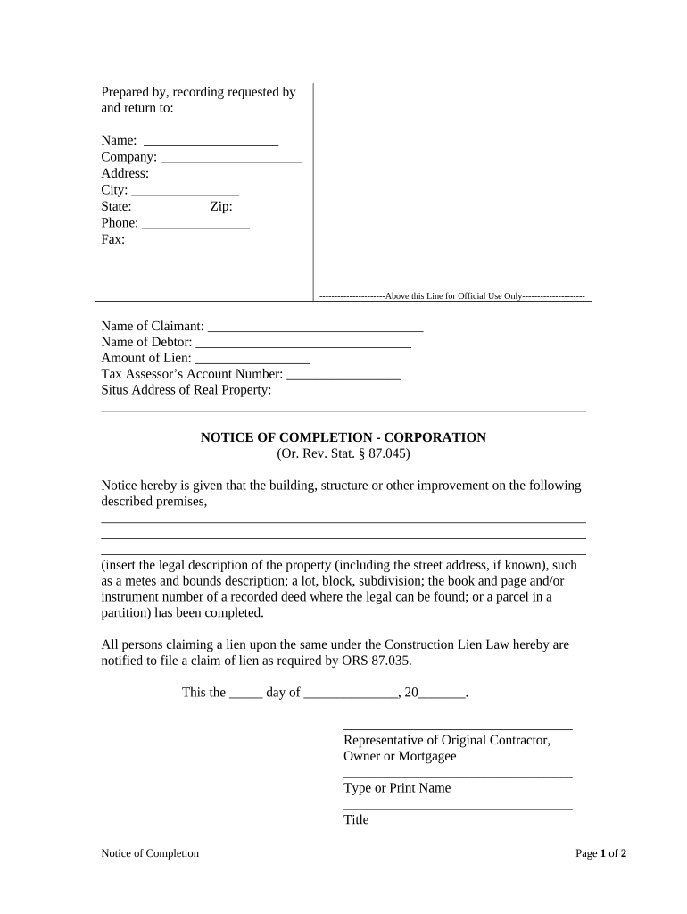 oregon notice completion Preview on Page 1