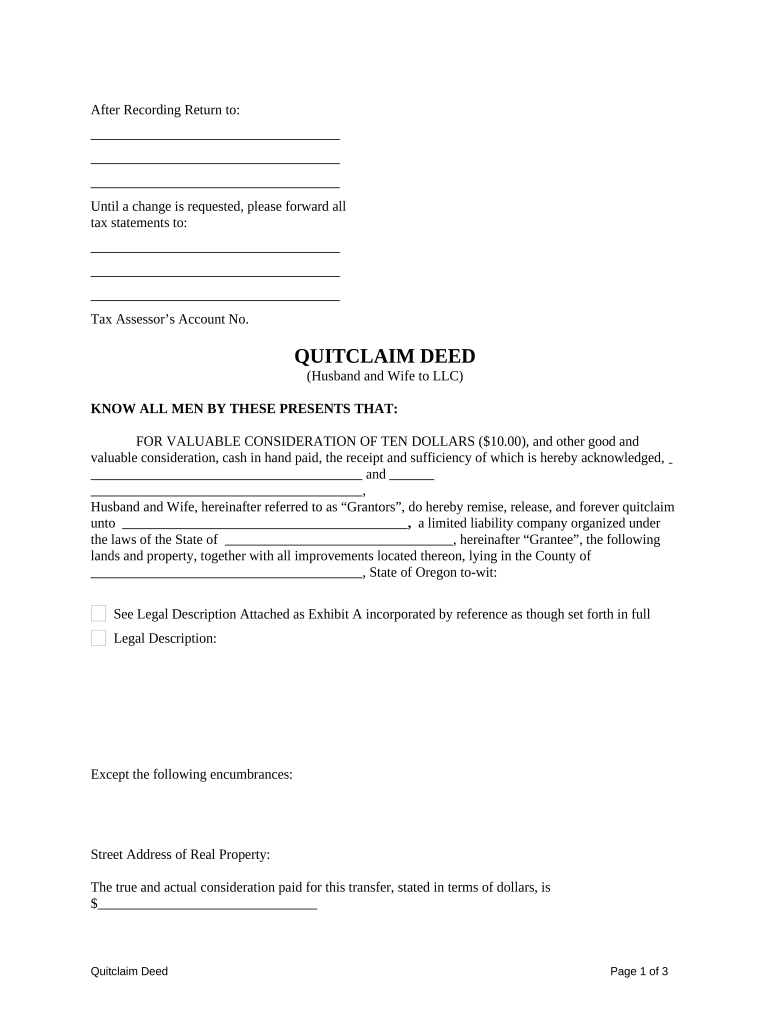 Quitclaim Deed from Husband and Wife to LLC - Oregon Preview on Page 1