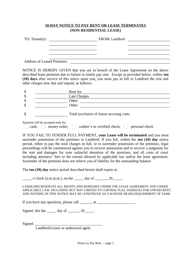 10 Day Notice to Pay Rent or Lease Terminated for NonResidential Property - Oregon Preview on Page 1