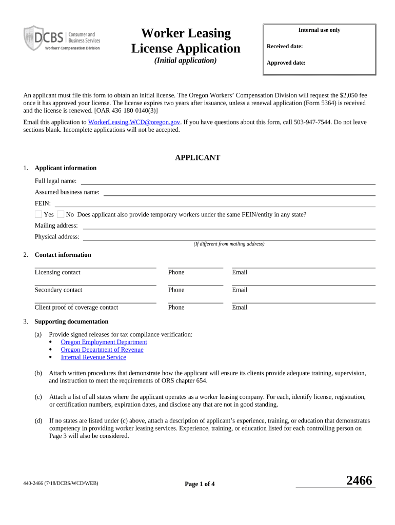 Application for Oregon Worker Leasing License - Oregon Preview on Page 1