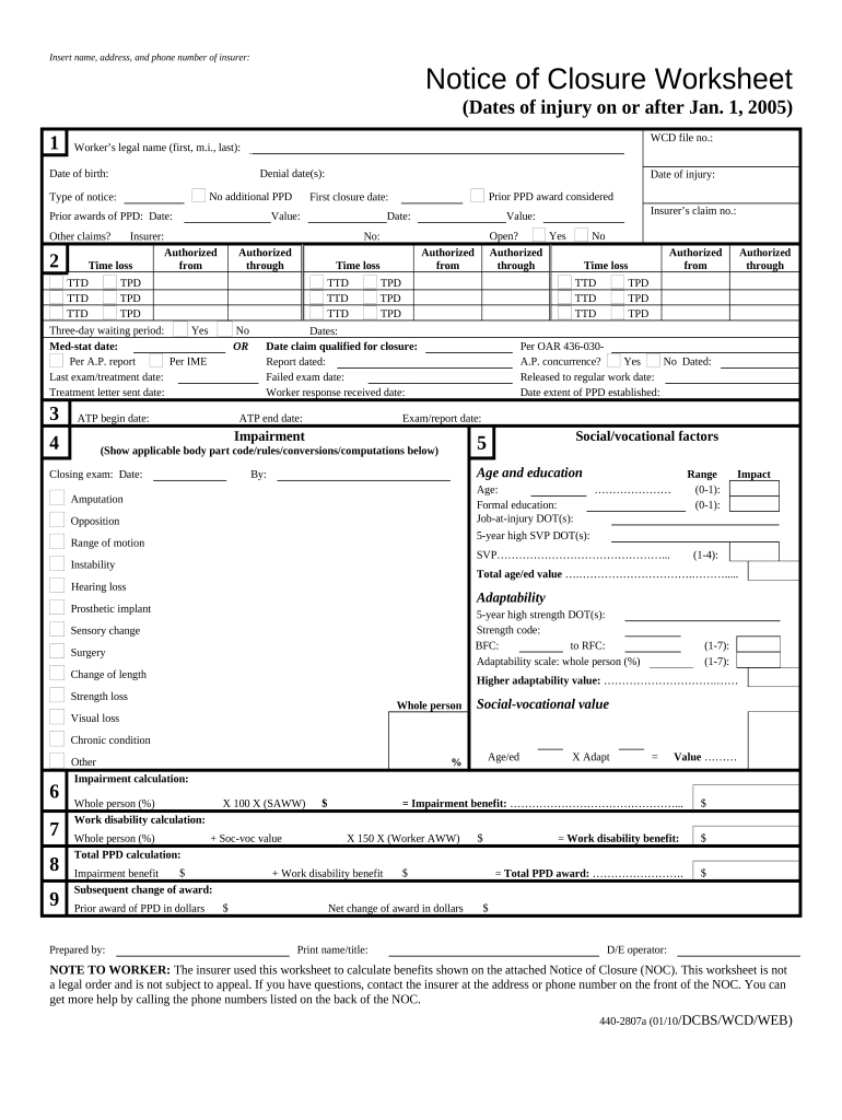 Notice of Closure Worksheet - Injury On or After January 1, 2005 - Oregon Preview on Page 1.