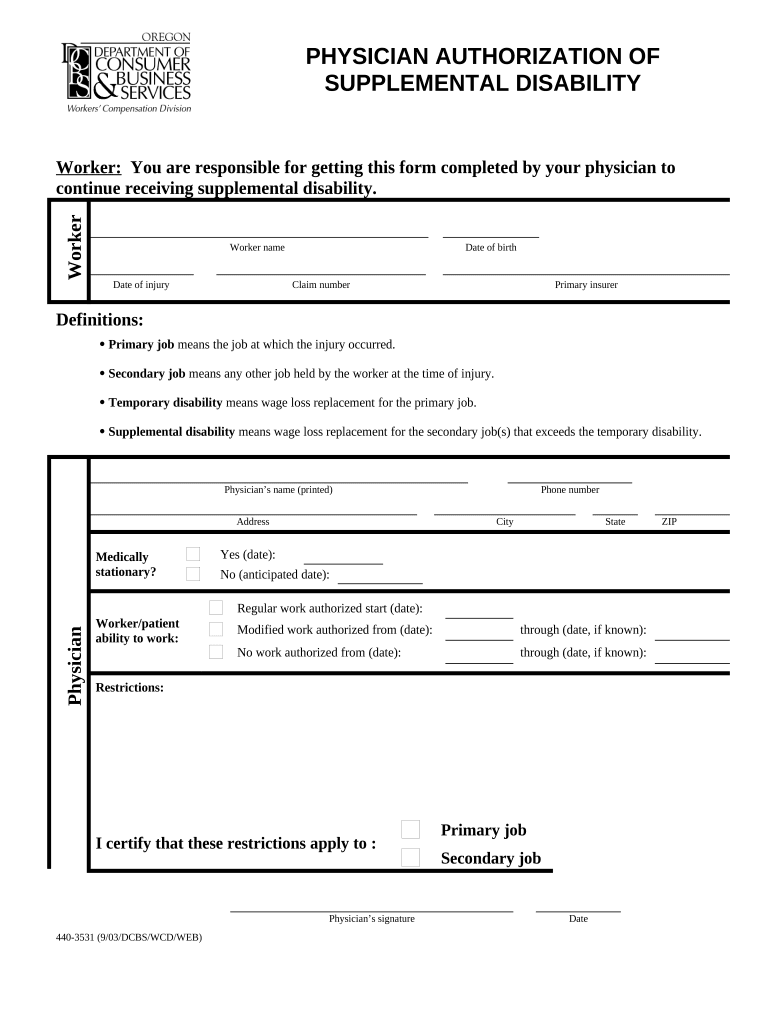 Physician Authorization of Supplemental Disability - Oregon Preview on Page 1